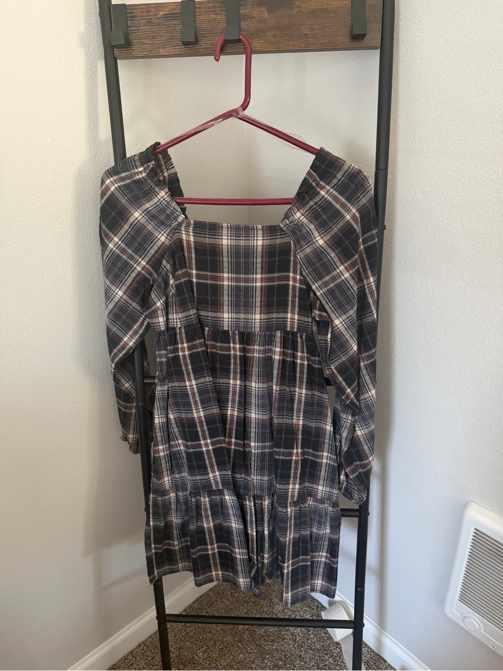 Universal Thread Plaid Square Neck Long Sleeve Dress - Black, Cream & Brown